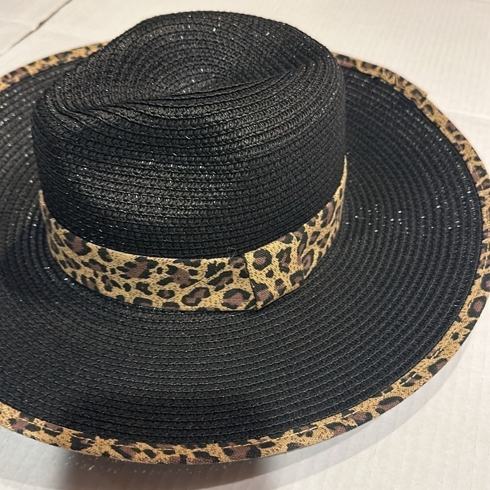NWT Cruise Club leopard trim hat in black brown and tan 100% paper straw - Picture 2 of 7